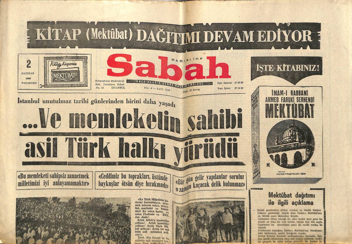 Sabah Gazetesi 2 Haziran 1969 - Bulgaristan Sınır Kapısı Açılıyor - Turgutlu'da Buğday Rekoltesi Rekor Kırdı GZ150094 - 1