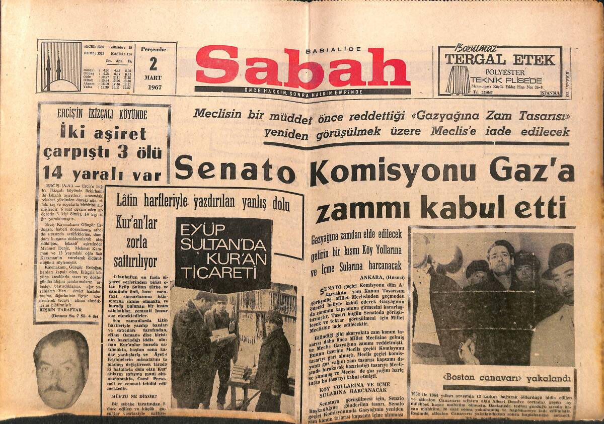 Sabah Gazetesi 2 Mart 1967 - Komisyonu Gaz'a Zammı Kabul Etti - Eyüp Sultan'da Kur'an Ticareti GZ149730 - 1