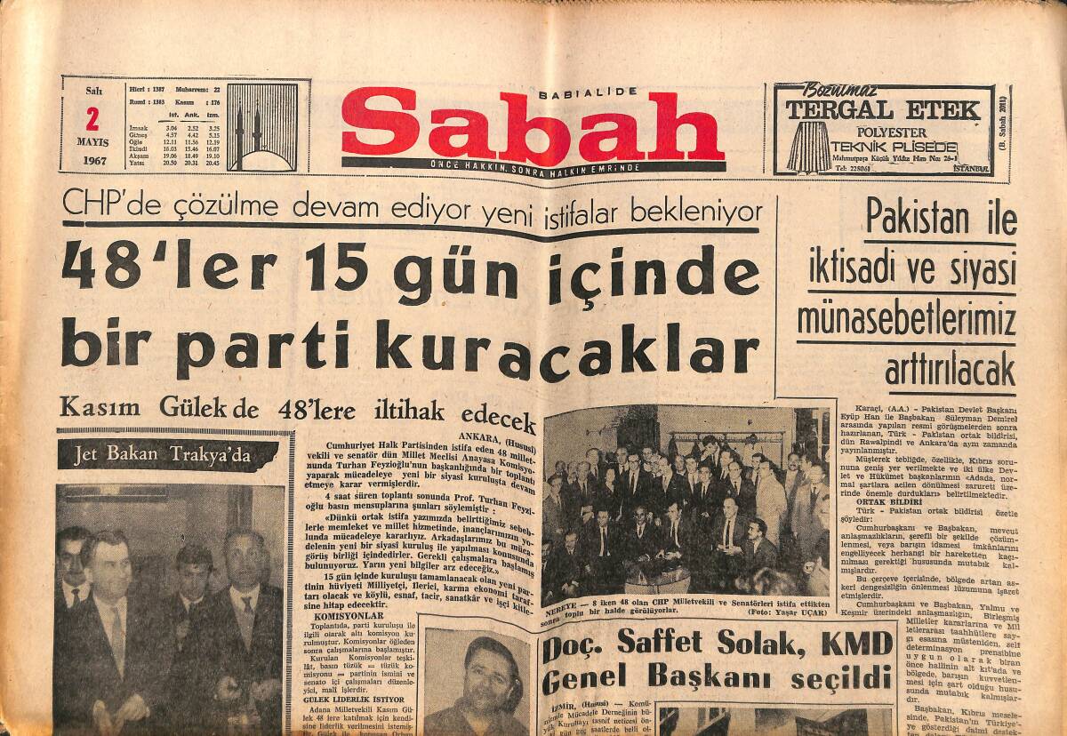 Sabah Gazetesi 2 Mayıs 1967 - Pakistan İle İktisadi Ve Siyasi Münasebetlerimiz Arttırılacak - Muhammed Ali: Bütün Şampiyonları Bir Gecede Yenerim GZ150185 - 1