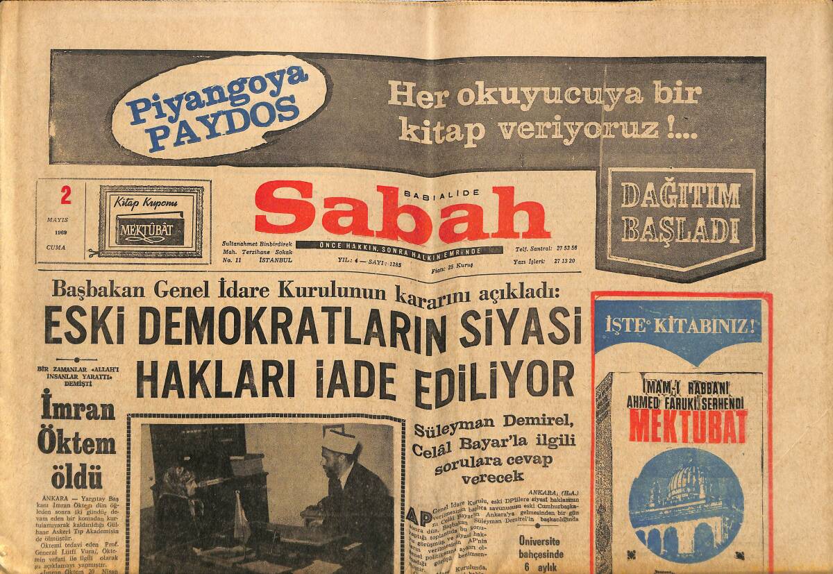 Sabah Gazetesi 2 Mayıs 1969 - Eski Demokratların Siyasi Hakları İade Ediliyor - Haber Ajansı 7 Yaşına Bastı GZ150095 - 1