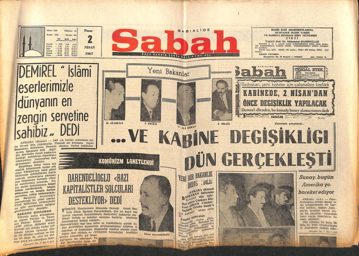 Sabah Gazetesi 2 Nisan 1967 - Fenerbahçe Ve Galatasaray 201. Randevu İçin Buluşuyorlar - Türk Belçika Ortak Bildirisi Yayınlandı GZ149778 - 1