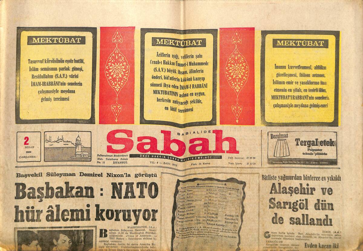 Sabah Gazetesi 2 Nisan 1969 - Ekrem Gürbüz'ün Cinayete Kurban Gittiği Sanılıyor - Alaşehir Ve Sarıgöl Dün de Sallandı GZ149861 - 1
