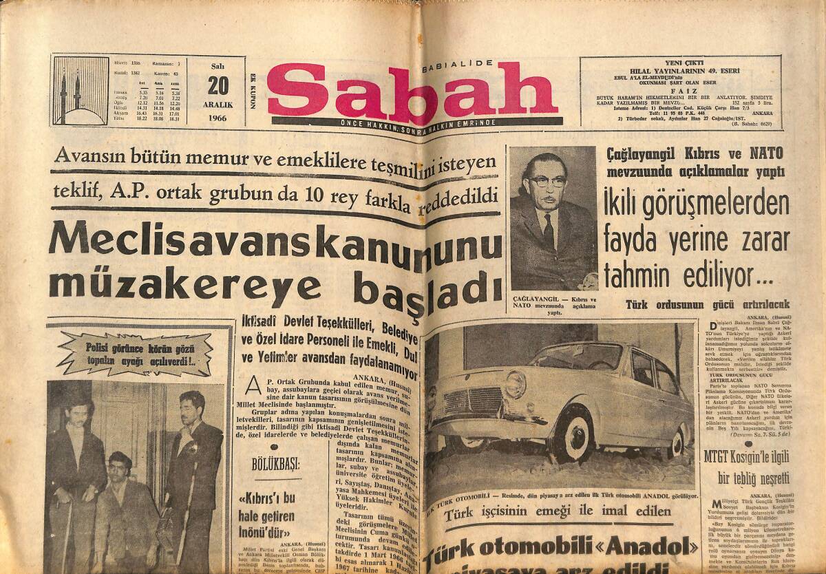 Sabah Gazetesi 20 Aralık 1966 - Meclis Avans Kanunu Müzakereye Başladı - Türk Otomobili Anadol Piyasaya Arz Edildi GZ146333 - 1