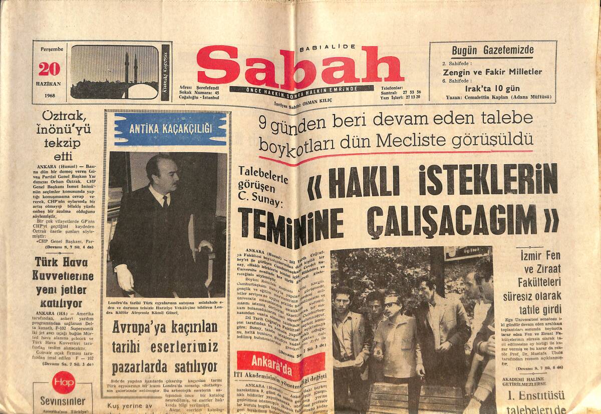 Sabah Gazetesi 20 Haziran 1968 - Orhan Öztrak İnönü'yü Tekzip Etti - F. Ilgaz: İzmir'de Kupa'lar 4 lenecek! GZ146352 - 1