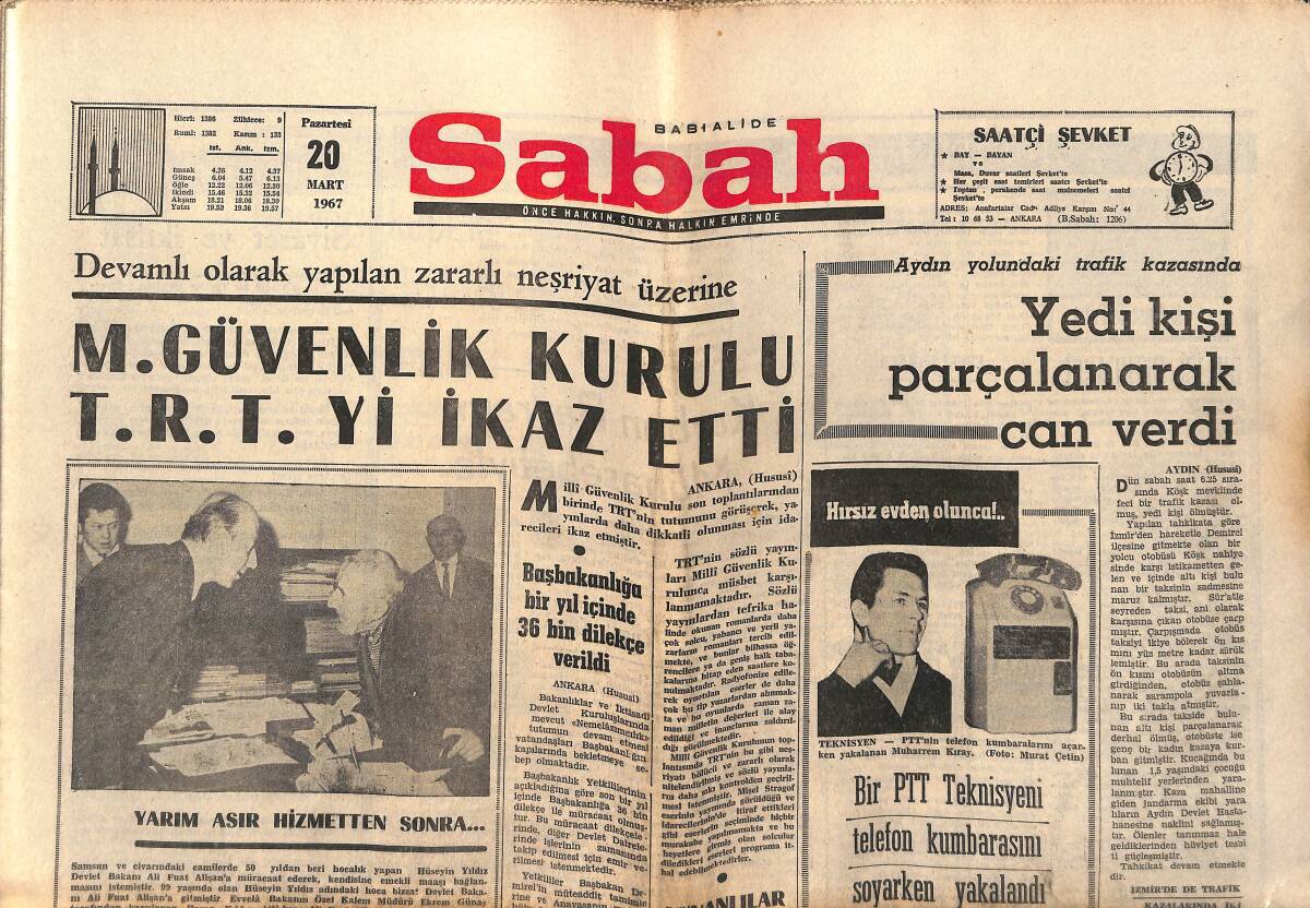 Sabah Gazetesi 20 Mart 1967 - Muhammed Ali-Z. Folley: Muhammed Ali Avantajlı Durumda - Milli Güvenlik Kurulu TRT'yi İkaz Etti GZ152201 - 1