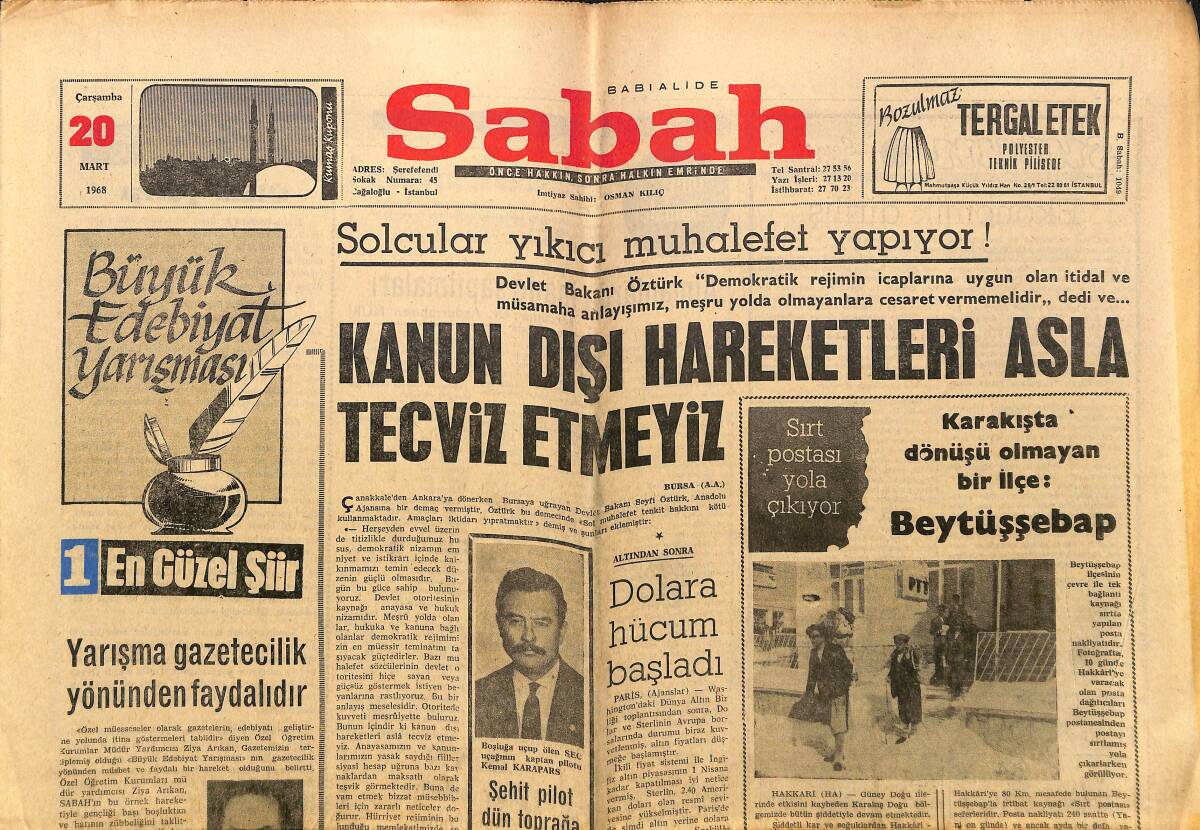 Sabah Gazetesi 20 Mart 1968 - İçişleri Bakanı Sükan Cerrahpaşa Tıp Fakültesini Gezdi - Dolara Hücum Başladı GZ149718 - 1