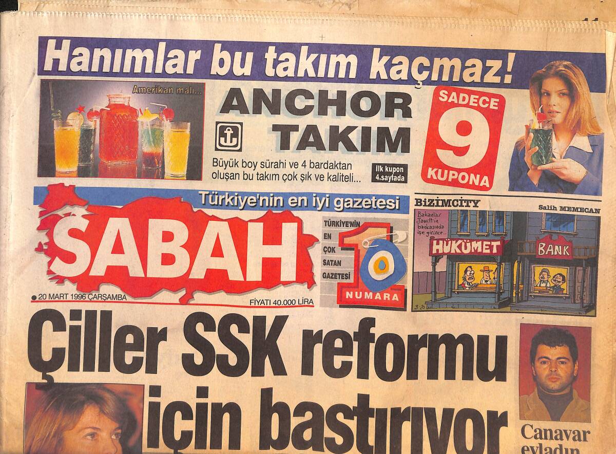 Sabah Gazetesi 20 Mart 1996 - Çiller SSK Reformu İçin Bastırıyor - Baykal'dan İran'a Açık Suçlama GZ132939 - 1