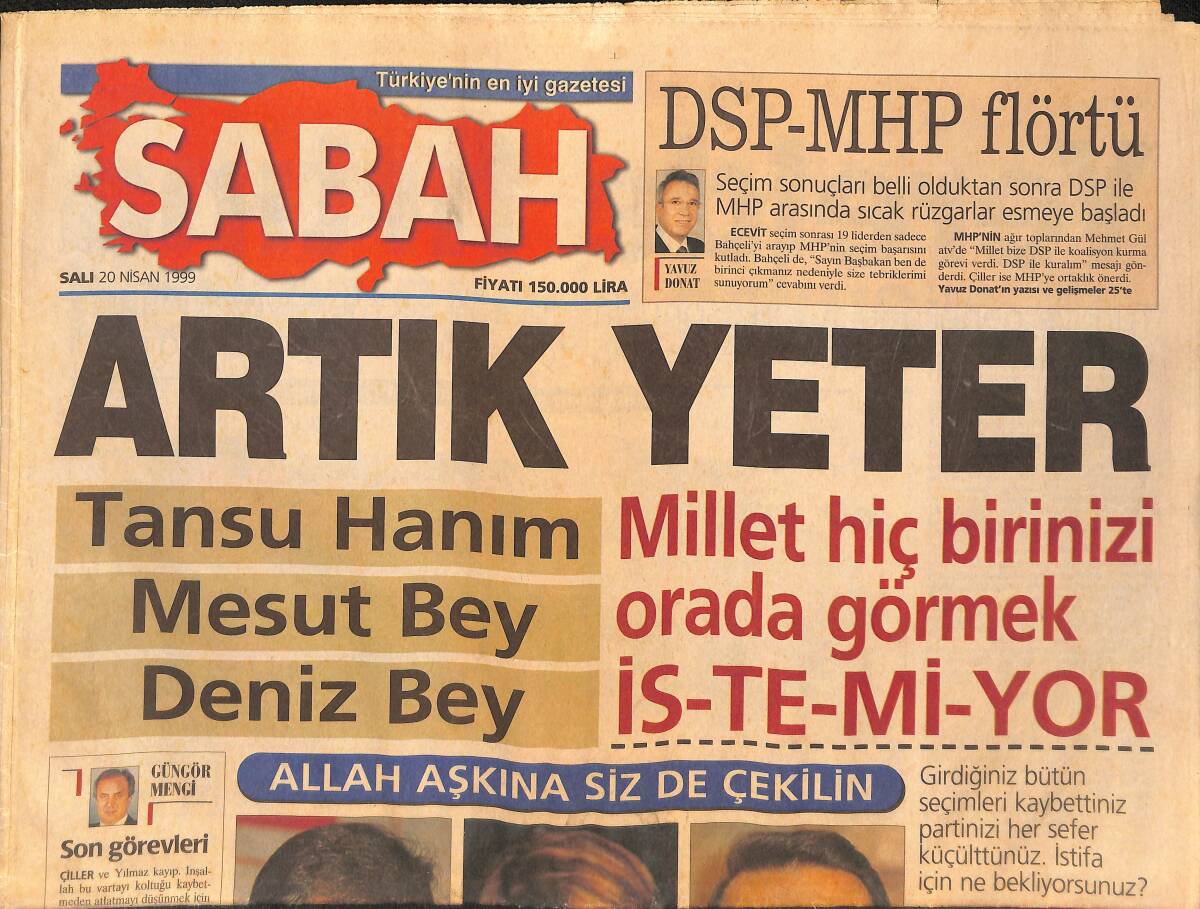 Sabah Gazetesi 20 Nisan 1999 - Basketbolda Fener Tarih Yazdı - Ankara Bilmecesi - Millet, Tansu Hanım, Mesut Bey Ve Deniz Beyi İstemiyor GZ134764 - 1