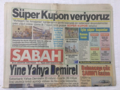 Sabah Gazetesi 21 Ağustos 1988 - Yine Yahya Demirel,Cem Karacanın Parmağı Koptu - GZ17466 - 2