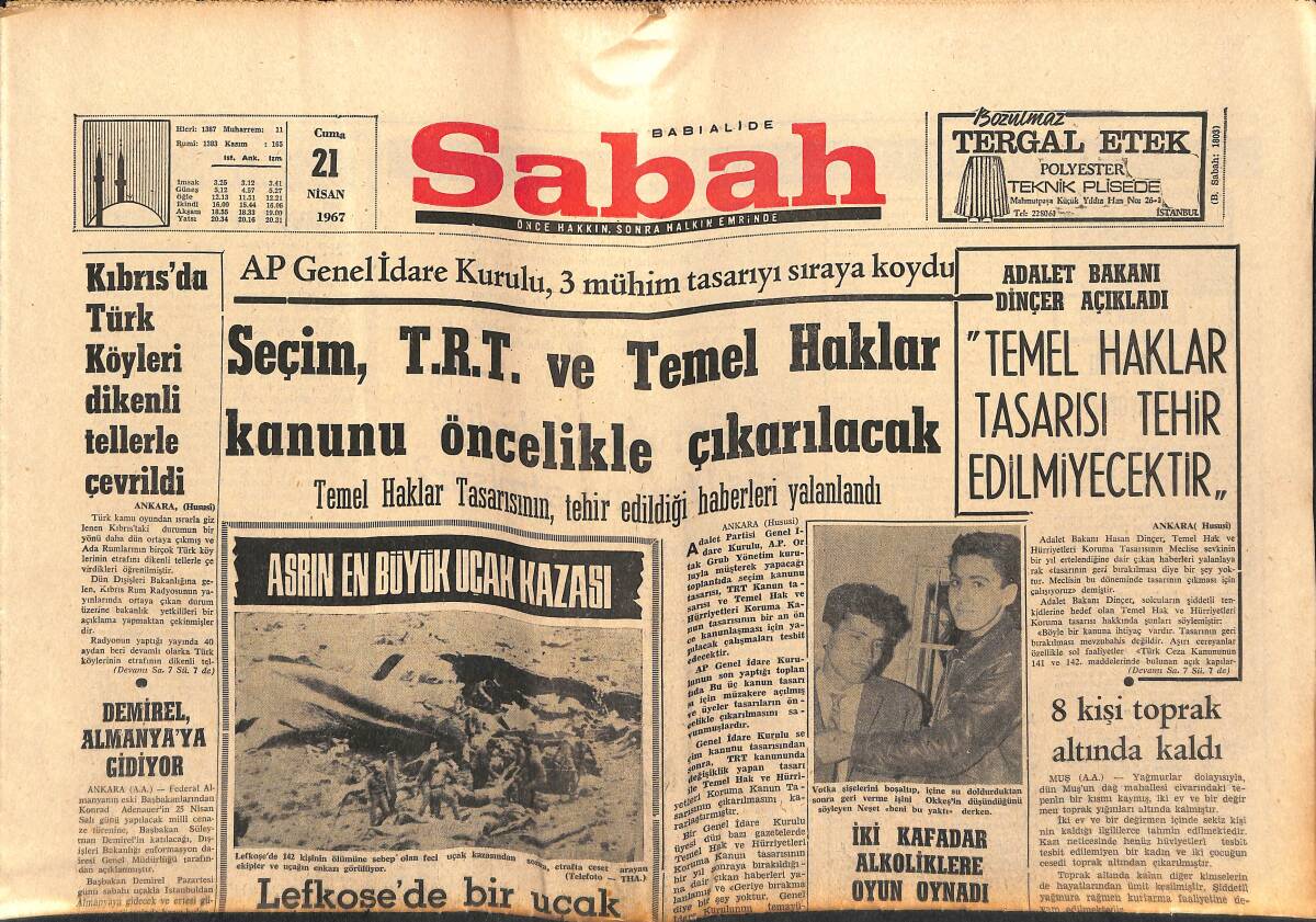 Sabah Gazetesi 21 Nisan 1967 - Kıbrıs'ta Türk Köyleri Dikenleri Tellerle Çevrildi - Cemal Kamacı Rövanş Maçından Ümitli GZ150432 - 1