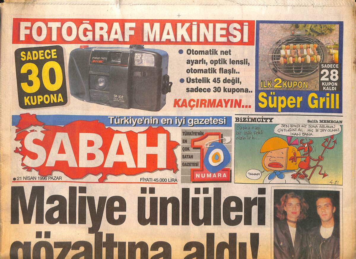 Sabah Gazetesi 21 Nisan 1996 - Maliye Ünlüleri Gözaltına Aldı * Hülya Avşar-Tarkan-Sibel Can-Galatasaraylı Arif-Beşiktaşlı Sergen GZ155445 - 1