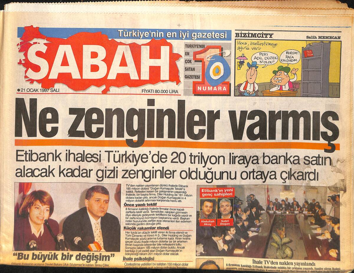 Sabah Gazetesi 21 Ocak 1997 - Etibank İhalesi Türkiye'de 20 Trilyon Liraya Banka Satın Alacak Kadar Gizli Zenginler Olduğunu Ortaya Çıkardı GZ155450 - 1
