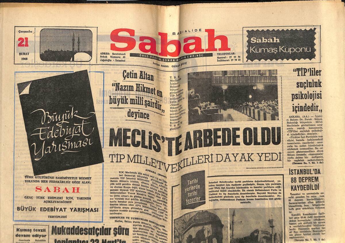 Sabah Gazetesi 21 Şubat 1968 - Meclis'te Arbede Oldu - İstanbul'da 88 Deprem Kaydedildi GZ148748 - 1