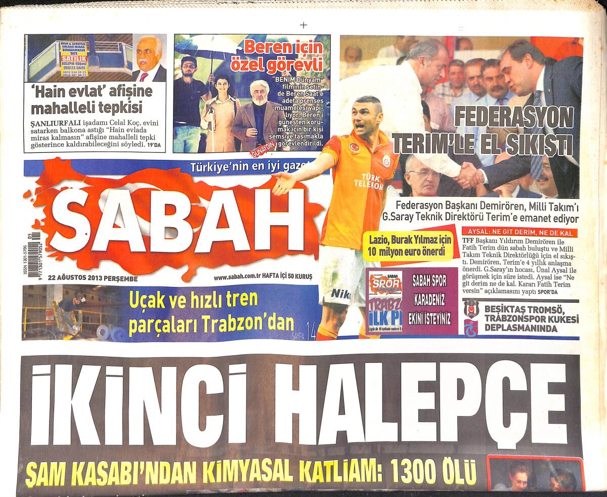 Sabah Gazetesi 22 Ağustos 2013 - Federasyon Terim'le El Sıkıştı - Şam Kasabından Kimyasal Katliam GZ154879 - 1