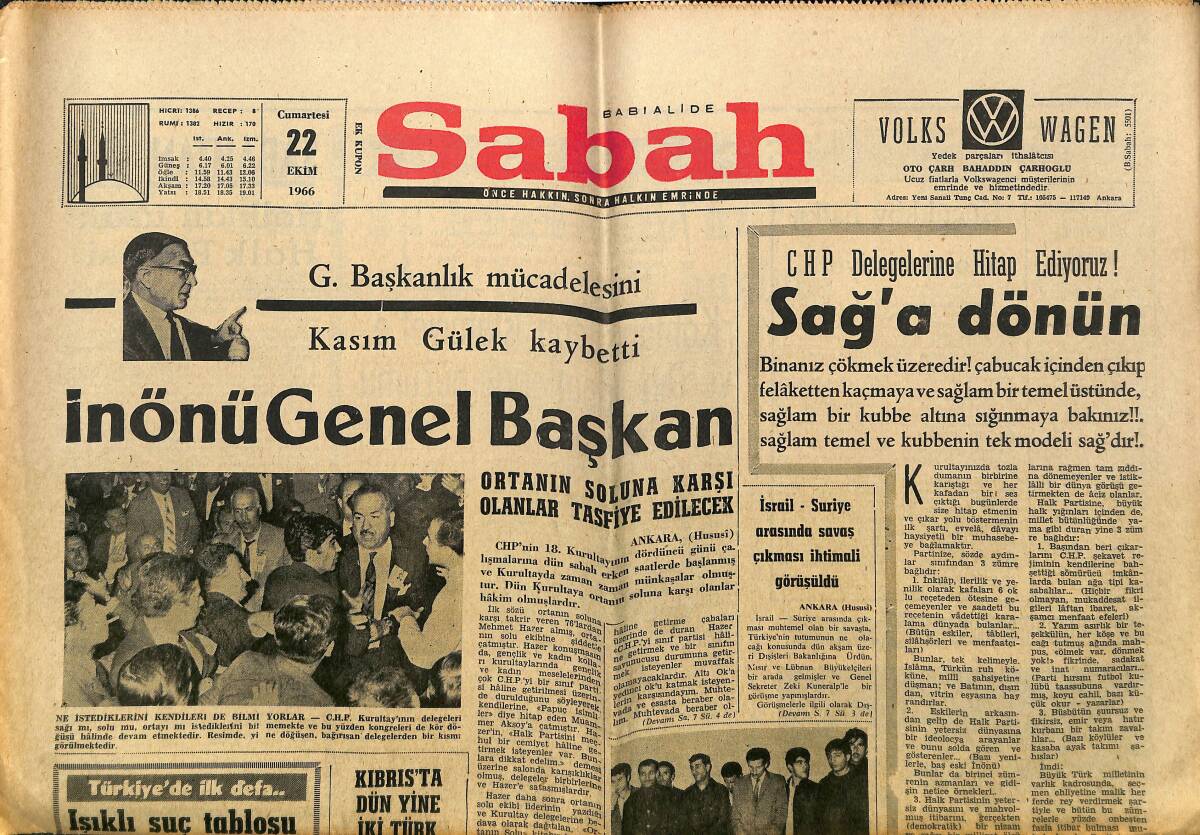 Sabah Gazetesi 22 Ekim 1966 - İnönü Genel Başkan - Çağlayangil Amerika Büyük Elçisiyle Görüştü GZ149857 - 1
