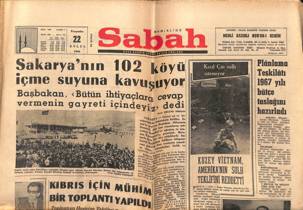 Sabah Gazetesi 22 Eylül 1966 - Kuzey Vietnam Amerika'nın Sulh Teklifini Reddetti - Göztepe Pazara İtalya'ya Gidiyor GZ149792 - 1