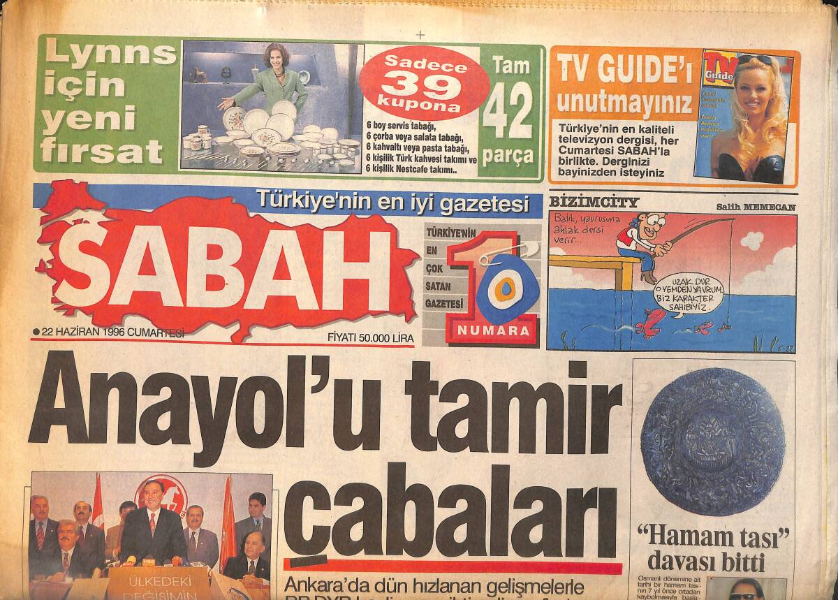 Sabah Gazetesi 22 Haziran 1996 - Çiller , Erbakan'dan Yeniden Süre İstedi - Ziraat Bankası'nı Devlet de Çarptı GZ155448 - 1