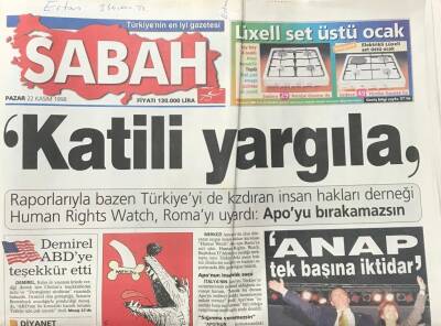 Sabah Gazetesi 22 Kasım 1998 -Human Rights Watch ,Romayı Uyardı Apoyu Bırakamazsın GZ30643 - 1