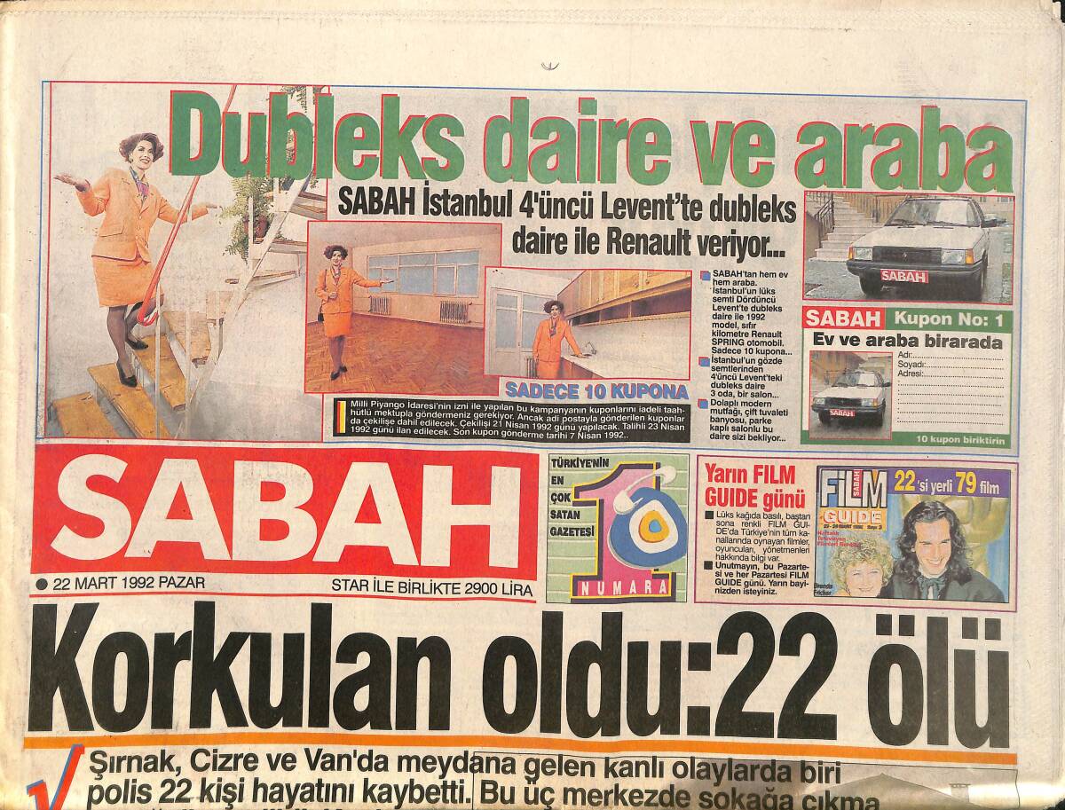 Sabah Gazetesi 22 Mart 1992 - Fenerbahçe'de Tanju Oynuyor - Cizre Ve Şırnak'ta Kan Döküldü GZ3390 - 1