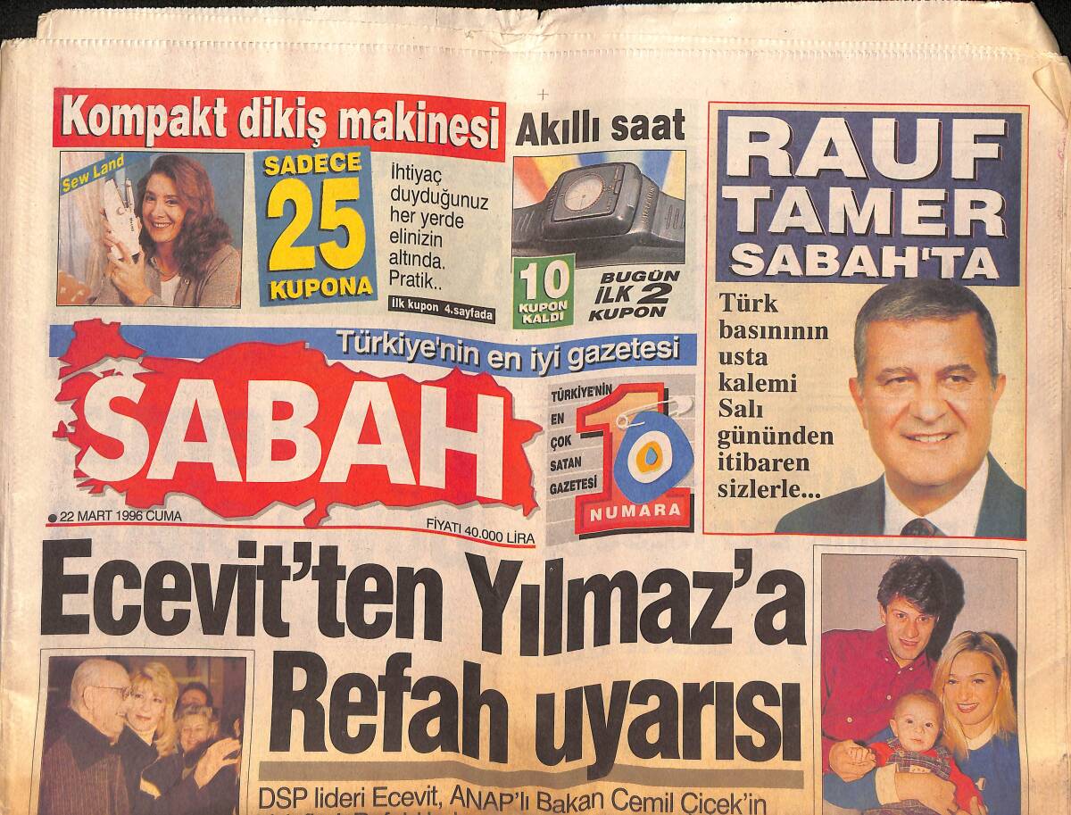 Sabah Gazetesi 22 Mart 1996 - Papandreu Sapasağlam - Ecevit'ten Yılmaz'a Refah Uyarısı GZ132942 - 1