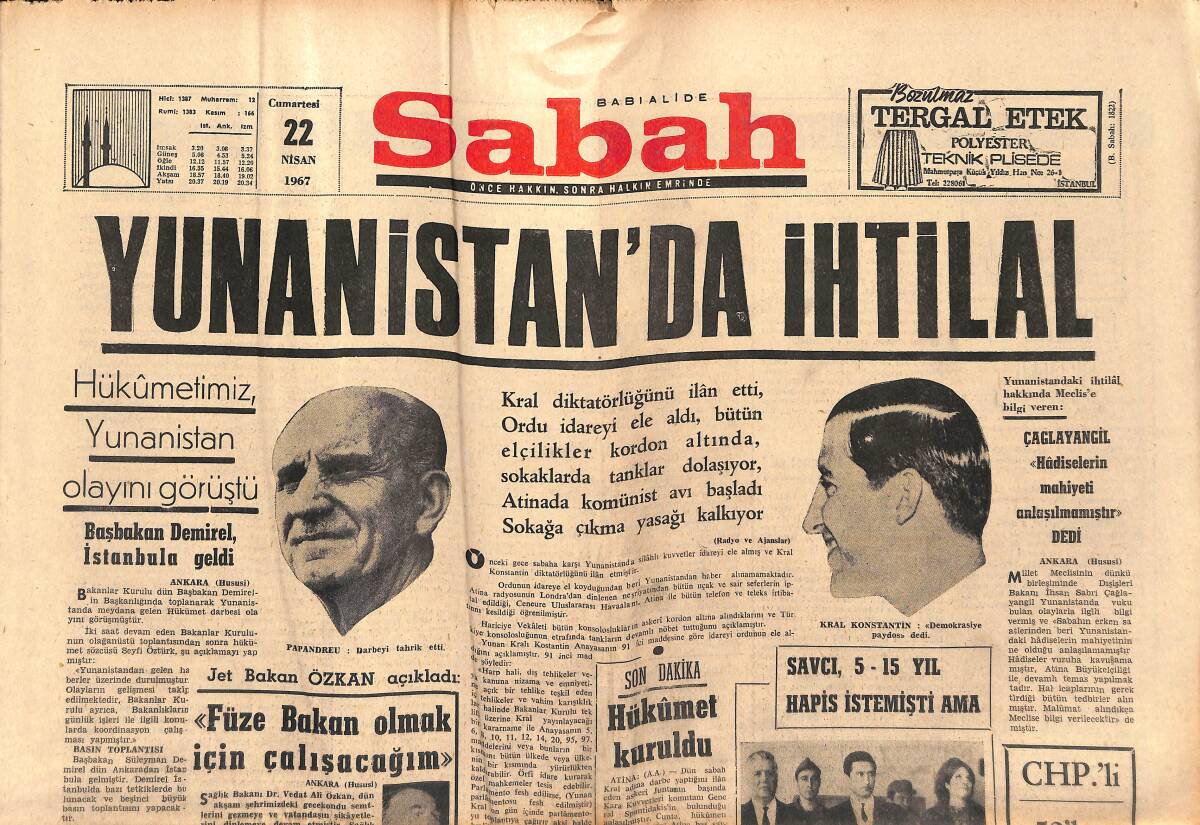 Sabah Gazetesi 22 Nisan 1967 - Yunanistan'da İhtilal - Fenerbahçe Başkentte Galibiyet İçin Oynayacak GZ150431 - 1