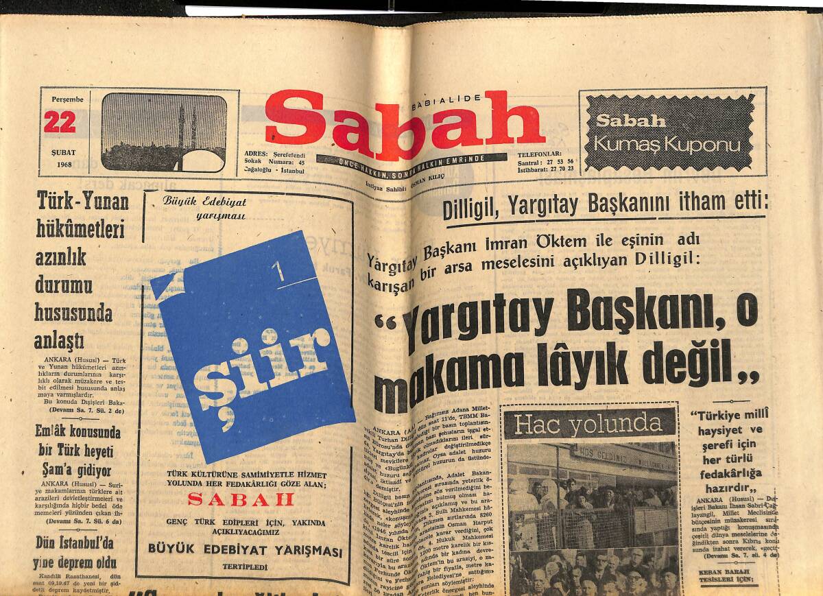 Sabah Gazetesi 22 Şubat 1968 - Hue Kalesi Ağır Toplarla Dövülüyor - Emlak Konusunda Bir Türk Heyeti Şam'a Gidiyor GZ148756 - 1