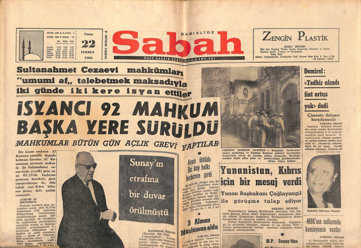 Sabah Gazetesi 22 Temmuz 1966 - Nuh'un Gemisini Aramak İçin İki Norveçli Dağcı Ağrı'ya Çıkıyor - Gemini-10 Amerika'nın En Başarılı Feza Denemesi Oldu GZ149794 - 1