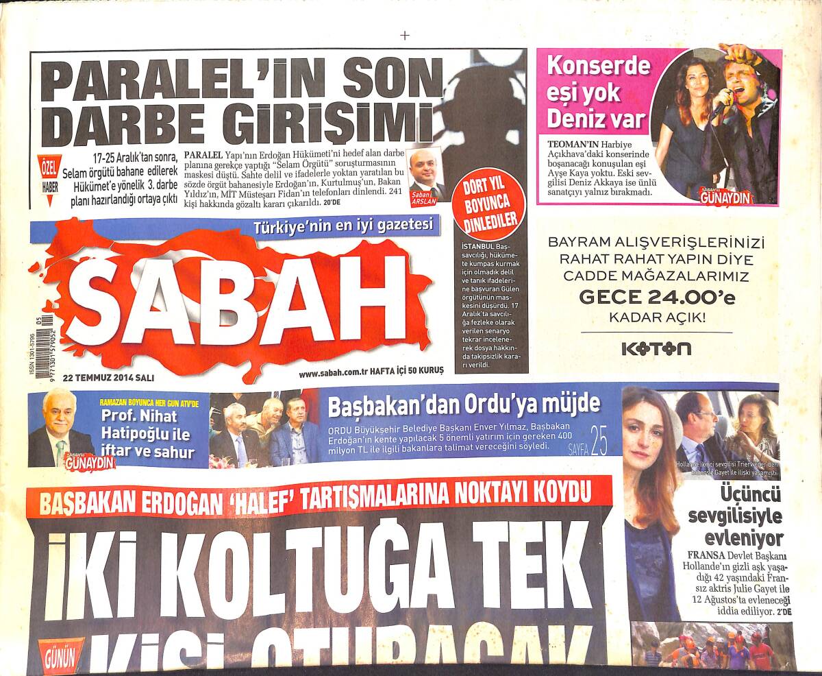 Sabah Gazetesi 22 Temmuz 2014 - Çocuk Geline Ağıt - Teoman'ın Konserinde Eşi Yok Deniz Akkaya Var GZ154877 - 1