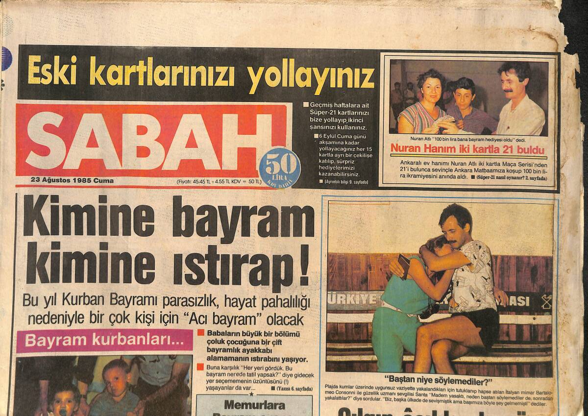 Sabah Gazetesi 23 Ağustos 1985 - Ferdi Özbeğen 4 Yıldır 40 Yaşını Kutluyor - Burçin Orhon: Şaka İle Karışık Bekaretimi Kaybettim GZ3423 - 1