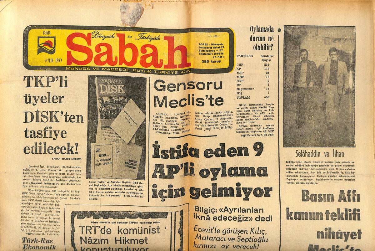 Sabah Gazetesi 23 Aralık 1977 - TKP'li Üyeler DİSK'ten Tasfiye Edilecek - Pele En Büyük Sporcu Ödülünü Aldı GZ149904 - 1