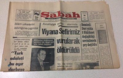 Sabah Gazetesi 23 Ekim 1975 - Viyana Sefirimiz Vurularak Öldürüldü - GZ15466 - 2