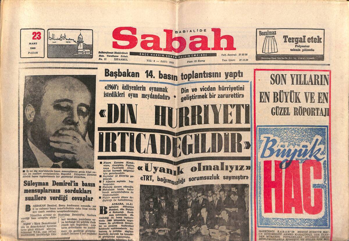 Sabah Gazetesi 23 Mart 1969 - Kennedy'nin Katili Sirhan Ruhi Bir Şok Geçirmiştir - Valide Atik Camii Perişan Halde GZ149786 - 1