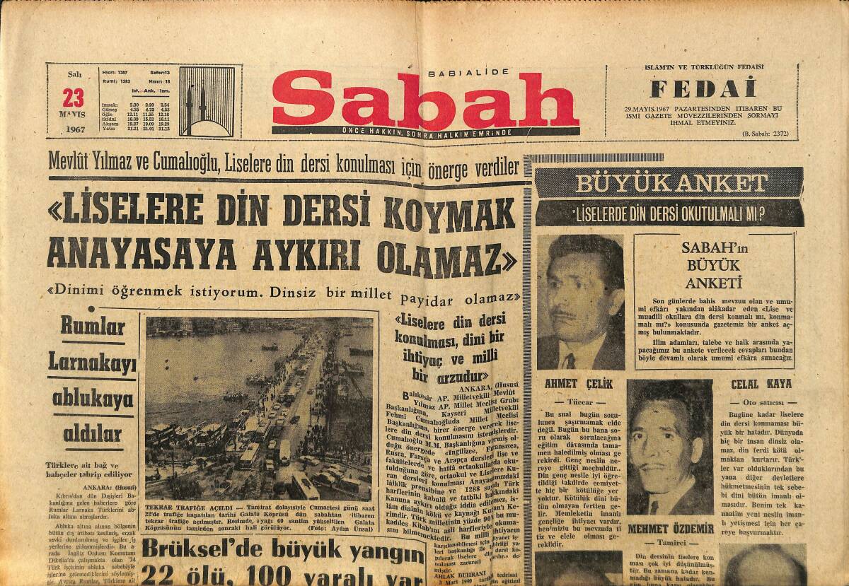 Sabah Gazetesi 23 Mayıs 1967 - Rumlar Larnakayı Ablukaya Aldılar - Boğaz Köprüsü Projesi İçin Japonya'dan Bir Uzman Heyeti Geliyor GZ150112 - 1