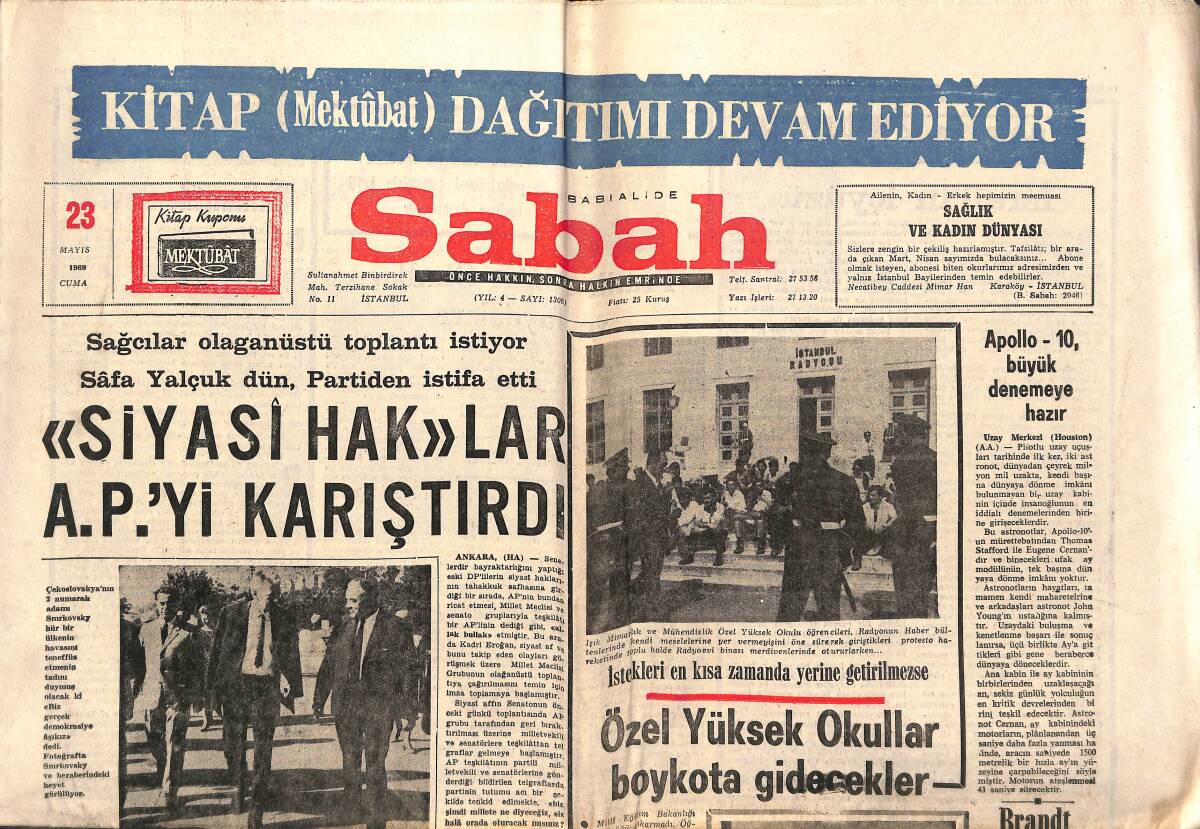 Sabah Gazetesi 23 Mayıs 1969 - Siyasi Haklar AP'yi Karıştırdı - Apollo-10 Büyük Denemeye Hazır GZ150179 - 1