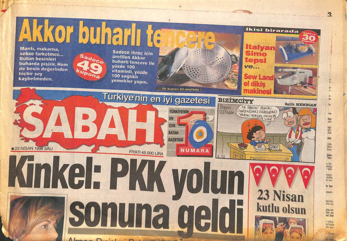 Sabah Gazetesi 23 Nisan 1996 - İnsan Kaçakçısı Ege'yi Karıştırdı - Kinkel : PKK Yolun Sonuna Geldi GZ148022 - 1