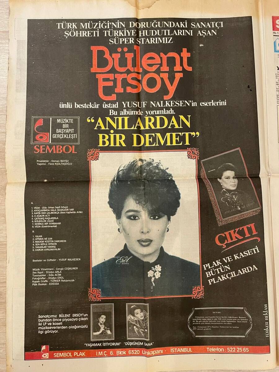 Sabah Gazetesi 24 Aralık 1985 - Kadir İnanır, Marangoz Oldu - Bülent Ersoy Kaset Afişi GZ155853 - 2