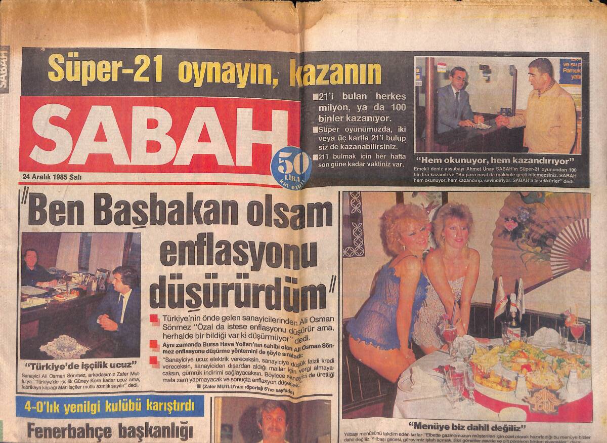 Sabah Gazetesi 24 Aralık 1985 - Kadir İnanır, Marangoz Oldu - Bülent Ersoy Kaset Afişi GZ155853 - 1