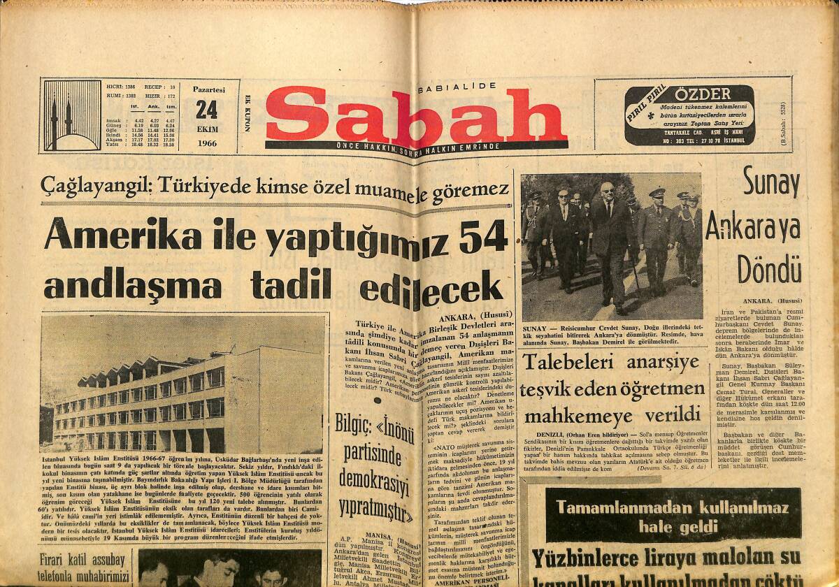 Sabah Gazetesi 24 Ekim 1966 - Sunay Ankara'ya Döndü - Kıbrıs'ta Rum Mezalimini Dile Getiren Resimler Sergilenecek GZ149863 - 1