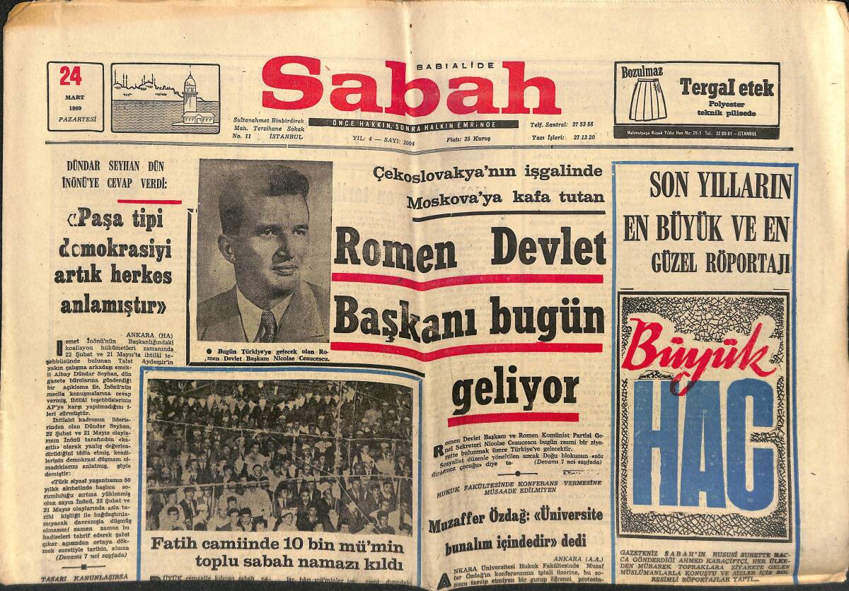 Sabah Gazetesi 24 Mart 1969 - Fatih Camiinde 10 Bin Mümin Sabah Namazı Kıldı - Galatasaray, Altınordu Engelini De Aştı GZ149787 - 1