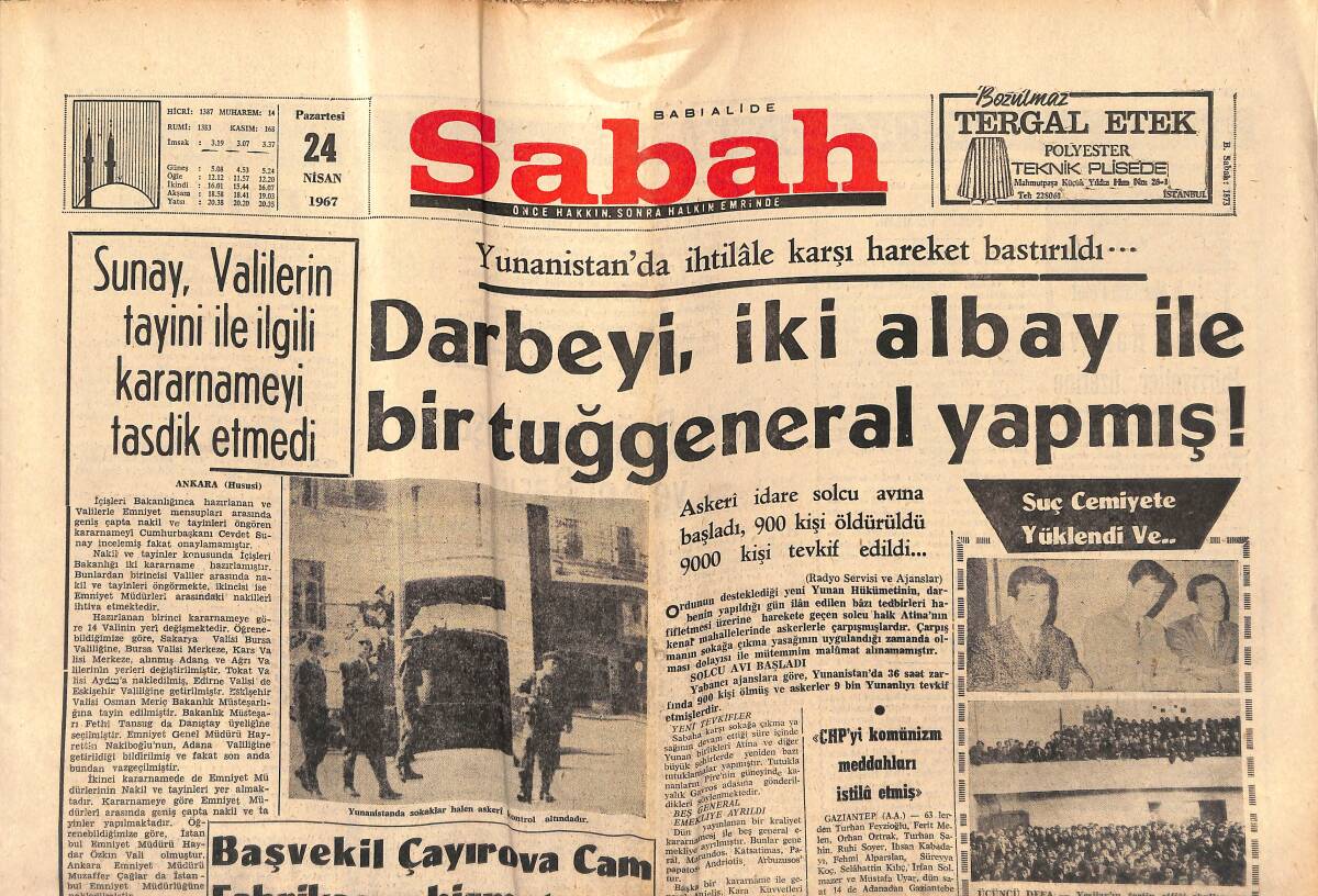 Sabah Gazetesi 24 Nisan 1967 - İmam Hatip Okulu Yine Şampiyon Oldu - İngiliz Topçuları Yemen Bataryalarına Ateş Açtılar GZ150429 - 1