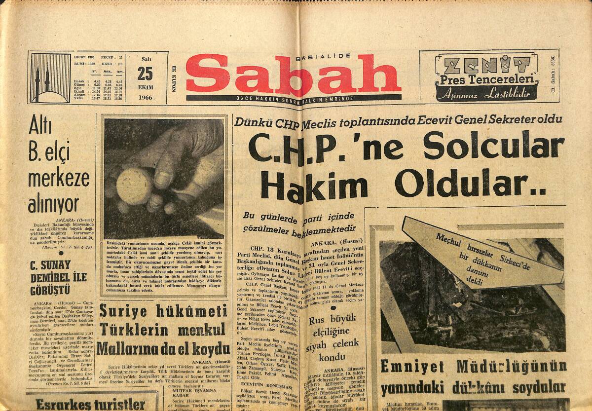 Sabah Gazetesi 25 Ekim 1966 - Zeki Erataman Yurda Döndü - CHP'ne Solcular Hakim Oldular GZ149856 - 1