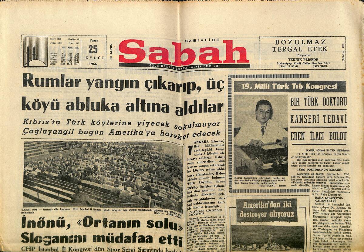 Sabah Gazetesi 25 Eylül 1966 - Rumlar Yangın Çıkarıp , Üç Köyü Abluka Altına Aldılar - Amerika'dan İki Destroyer Alıyoruz GZ149867 - 1