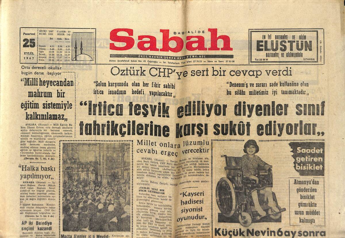 Sabah Gazetesi 25 Eylül 1967 - Öztürk CHP'ye Sert Bir Cevap Verdi - Metal-İş Kongresinde DİSK'e Şiddetle Çatıldı GZ149969 - 1