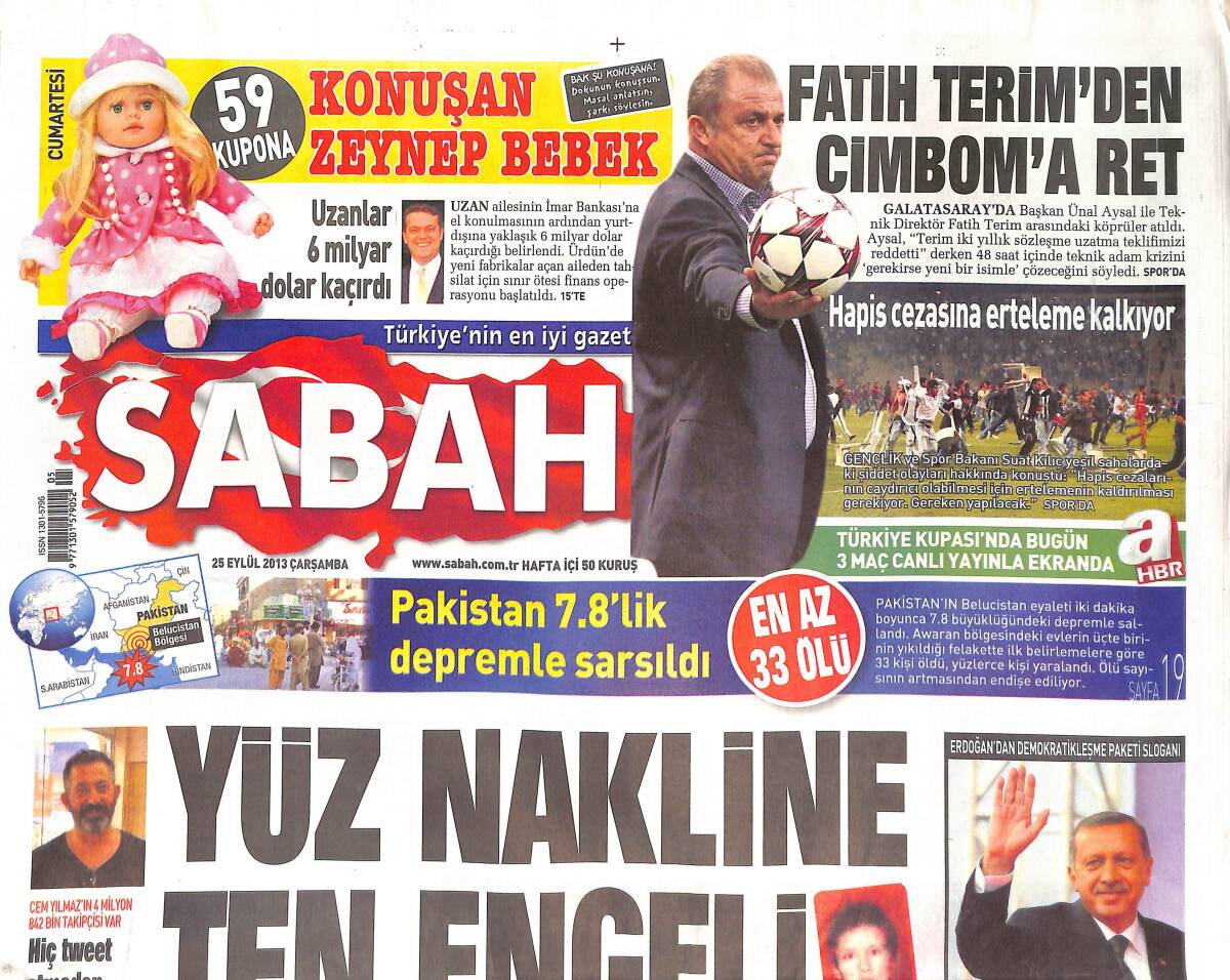 Sabah Gazetesi 25 Eylül 2013 - Fatih Terim'den Cimbom'a Ret - Ara Güler İçin Dev Kitap - Ronaldo'dan Müthiş Hediye! GZ136847 - 1