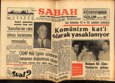 Sabah Gazetesi 25 Kasım 1965 - Komünizm Kati Olarak Yasaklanıyor GZ74869 - 1