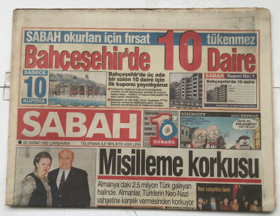 Sabah Gazetesi 25 Kasım 1992 - Misilleme Korkusu GZ7303 - 1