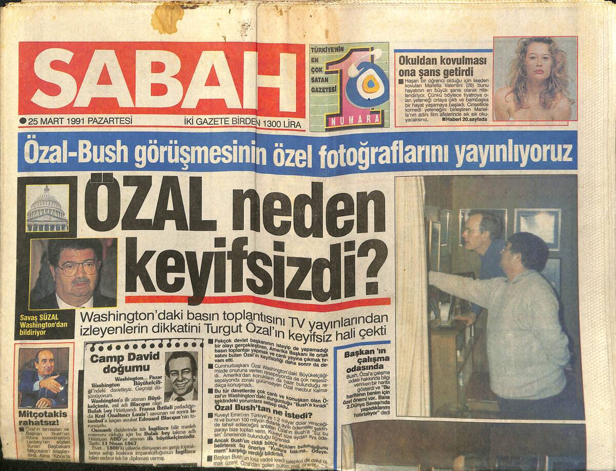 Sabah Gazetesi 25 Mart 1991 - Özal Neden Keyifsizdi - Gönül Yazar 400 Milyona Yat Alıyor - Tanju'yla Fark Edilirsiniz GZ150214 - 1