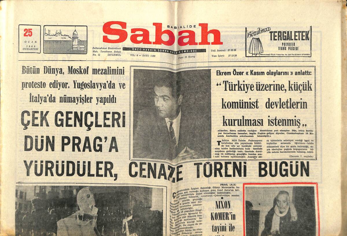 Sabah Gazetesi 25 Ocak 1969 - Çek Gençleri Dün Prag'a Yürüdüler , Cenaze Töreni Bugün - Nixon Komer'in Tayini İle İlgili Kararı Geri Aldı GZ149889 - 1