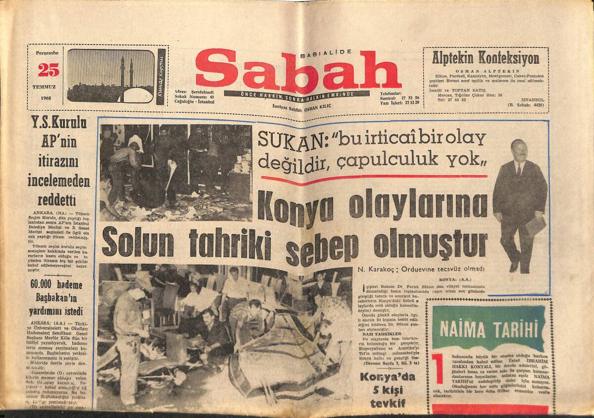 Sabah Gazetesi 25 Temmuz 1968 - Çatalca'da Üç Fabrika Yandı - Vakfıkebir Özlenen Takımını Kurdu GZ149894 - 1