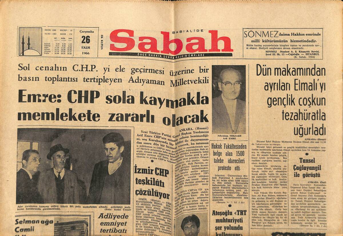 Sabah Gazetesi 26 Ekim 1966 - Tansel Çağlayangil İle Görüştü - Gümrük Depolarında Binlerce Liralık Mal Kaderine Terk Edilmiş GZ152006 - 1
